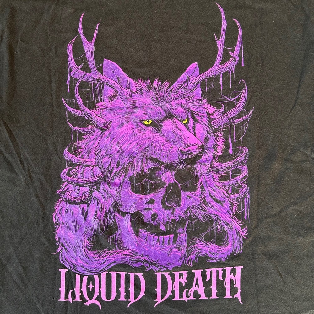 Liquid Death DeathWolf Graphic T-Shirt Mens M Black Purple Skull Streetwear